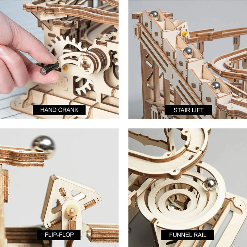 4 Models Marble Run DIY Waterwheel Wooden Model Building Block Kits Assembly Toy Gift for Children Adult
