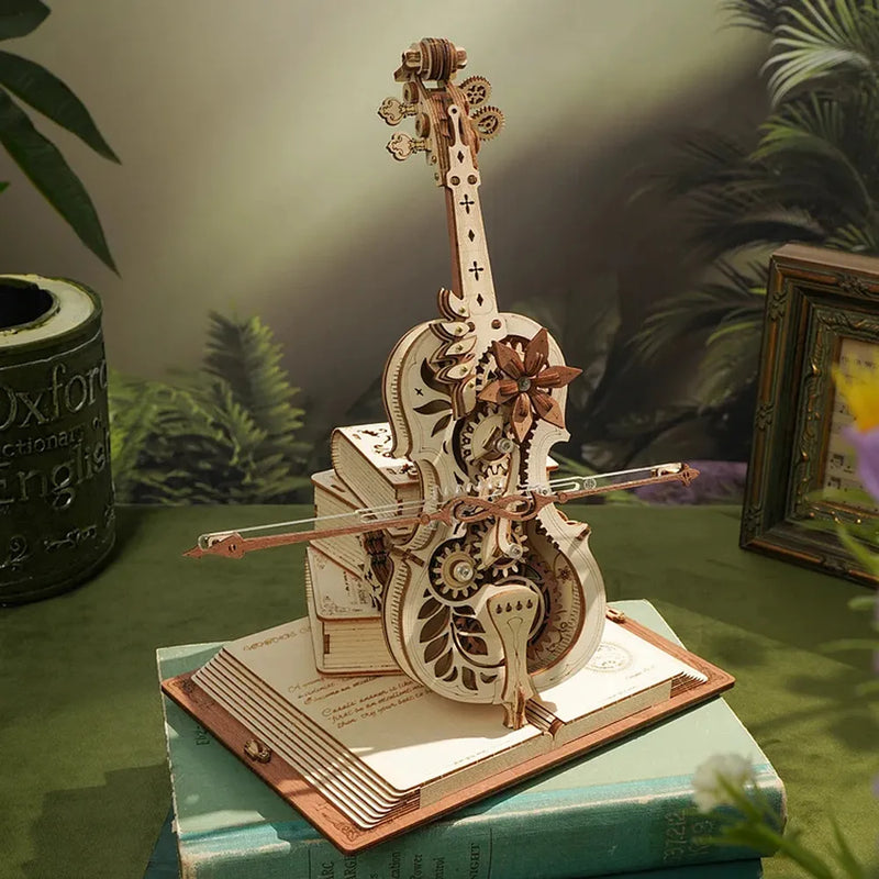 3D Wooden Puzzle Magic Cello Mechanical Music Box Moveable Stem Funny Creative Toys for Child Girls
