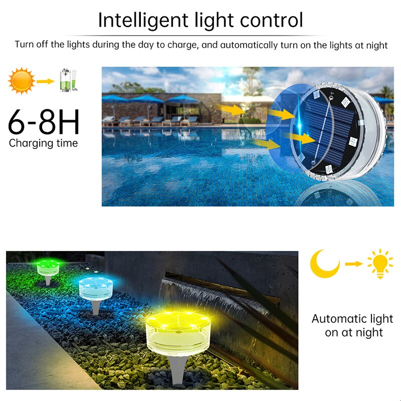 Solar Submersible LED Pool Lights, Color Changing RGB Lamps, Underwater Above ground Side