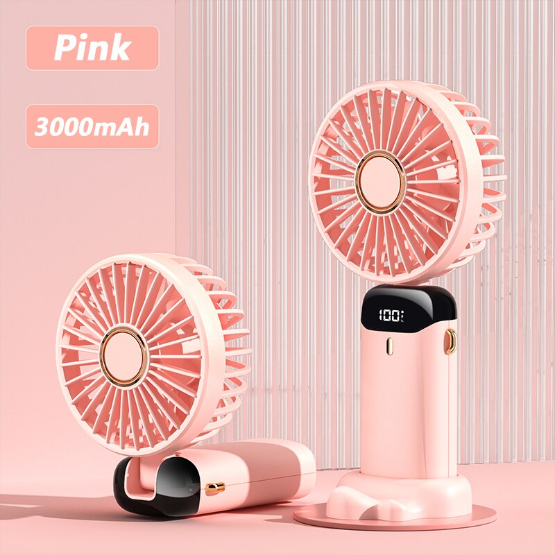 Handheld Portable Rechargeable Mini Fan, USB Fold Office Desktop Multifunctional Double Battery 3000mAh Electric With Neck Lanyard