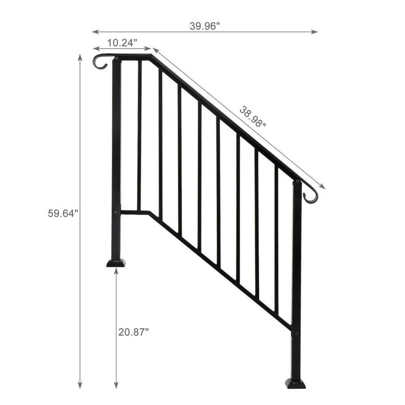 Wrought Iron Handrail Picket Stair Rail for 3 or 4 Step Handrail Outdoor Black