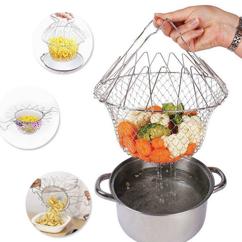 Ultimate Chef Basket - Foldable Steam Rinse Strain Fry French Chef Basket Magic Fries Bask