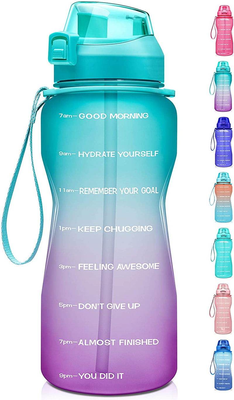 1 Gallon Motivational Water Bottle with Time Marker, Ombre Colors wide mouth, straw lid