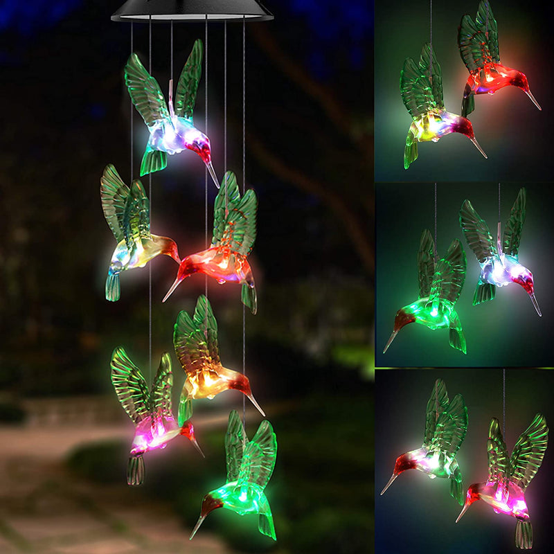 LED Solar Hummingbird Wind Chime, Changing Color Waterproof Six Hummingbird Wind Chimes for Home Party Night Garden Decoration