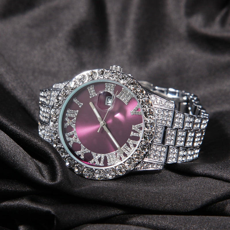 THE KING Big Iced Out Watches For Women Men Purple Pink Dial Fashion Luxury Stainless Steel Quartz Business Wristwatches