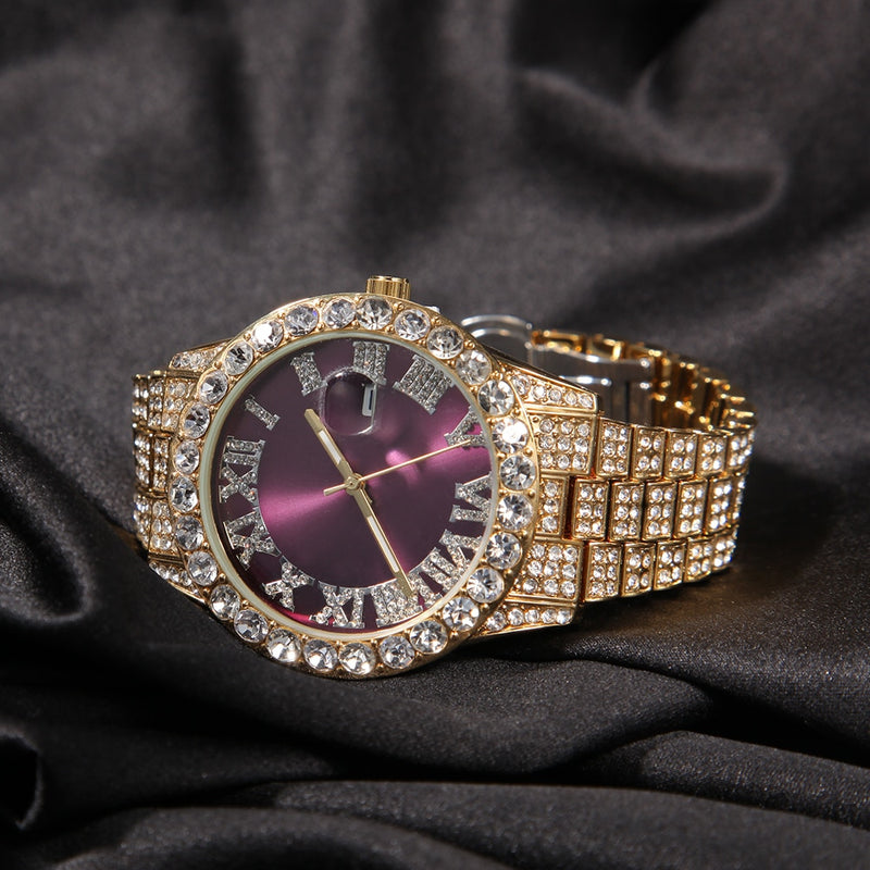 THE KING Big Iced Out Watches For Women Men Purple Pink Dial Fashion Luxury Stainless Steel Quartz Business Wristwatches