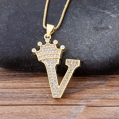 New Luxury Copper Zircon A-Z Crown Alphabet Pendant Chain Necklace Hip-Hop Style Fashion Woman Man Initial Name Jewelry