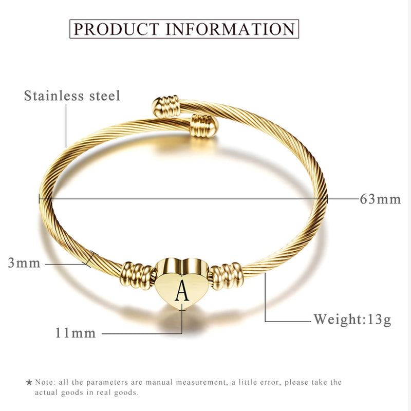 Heart Bracelet Bangle With Letter, Custom Fashion Girls Gold Color Stainless Steel Heart Initial Alphabet Charms Bracelets For Women