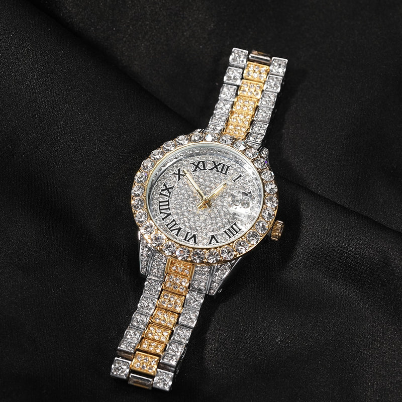 THE KING Small Iced Out Watch For Women Round Rhinestone Pink Dial Fashion Luxury Quartz Wristwatch Female Lovely Jewelry