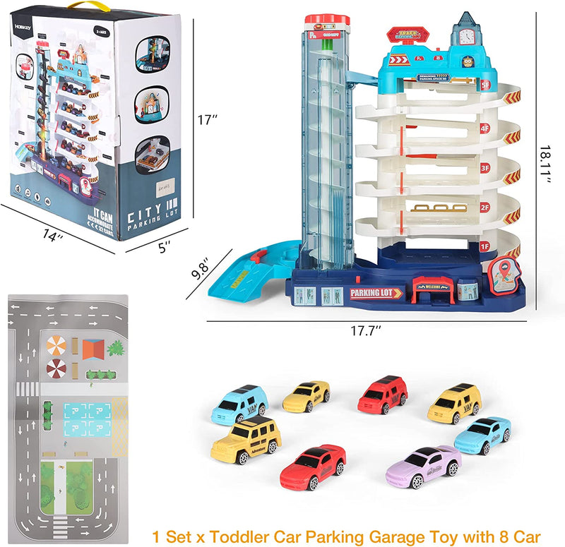 5-Level Car Parking Garage Toy with Race Tracks, Car Ramp Set for 3+Year-Olds