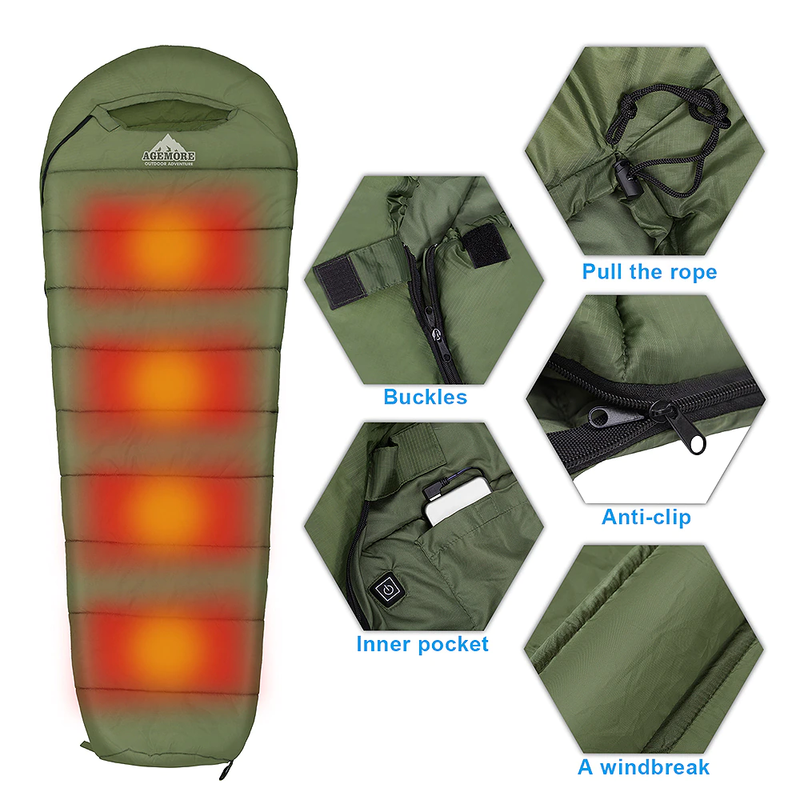Electrical Heated Traveling Outdoor Sleeping bed Bag Waterproof Lightweight USB Rechargeable Battery Backpacking