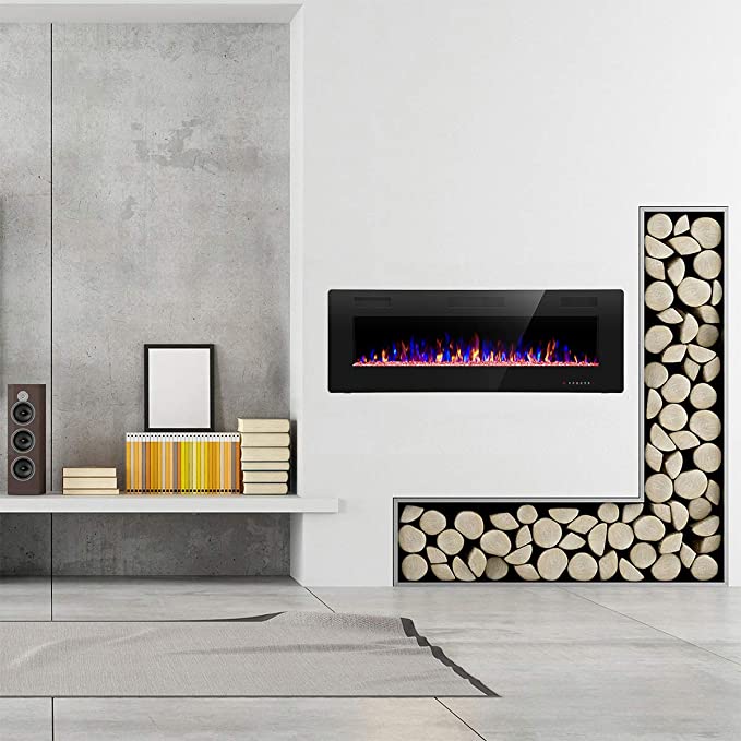 50" Electric Fireplace Heater Recessed Ultra Thin Wall Mounted Multicolor Flame,