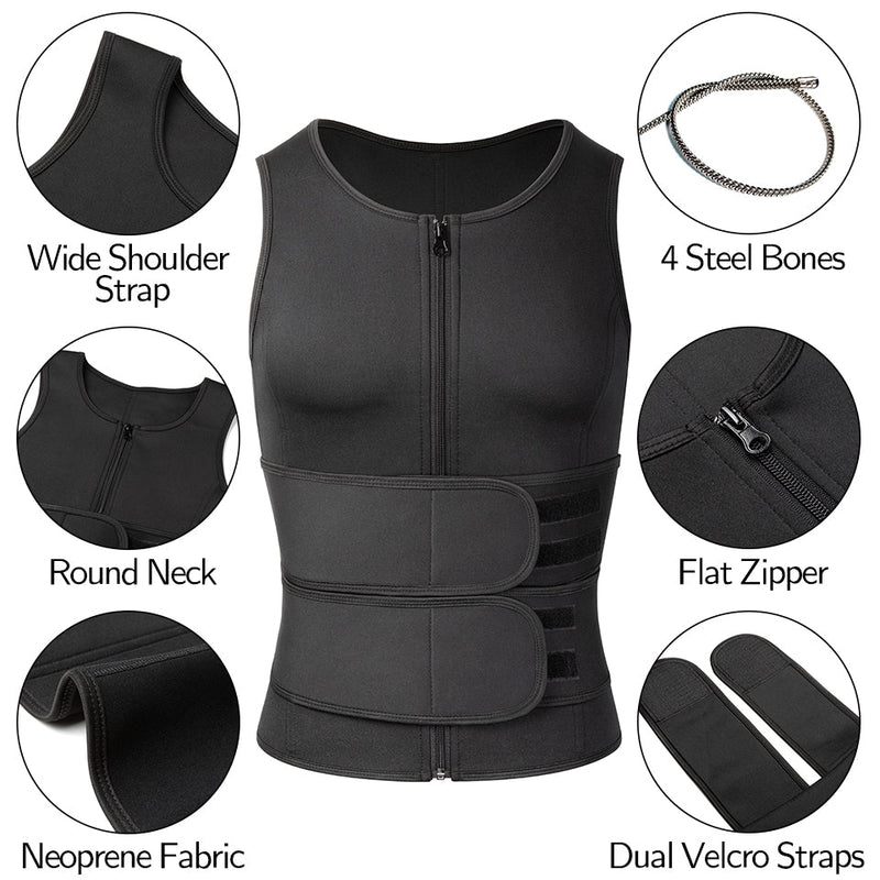 Men's Neoprene Sauna Vest, Suit Zipper Waist Trainer Vest Tank Top Trimmer Body Shaper with Two Belt