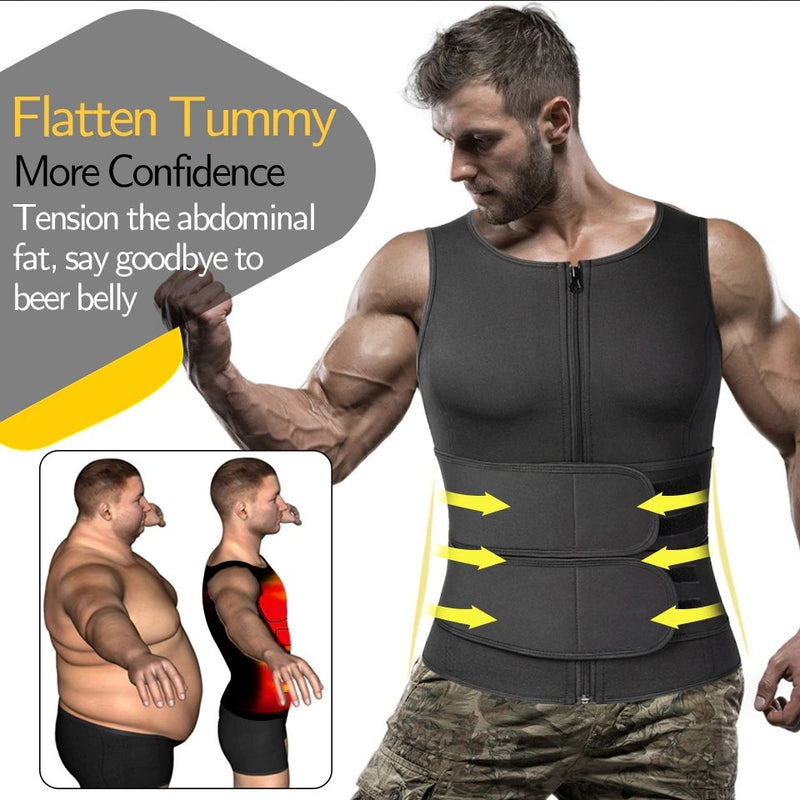 Men's Neoprene Sauna Vest, Suit Zipper Waist Trainer Vest Tank Top Trimmer Body Shaper with Two Belt