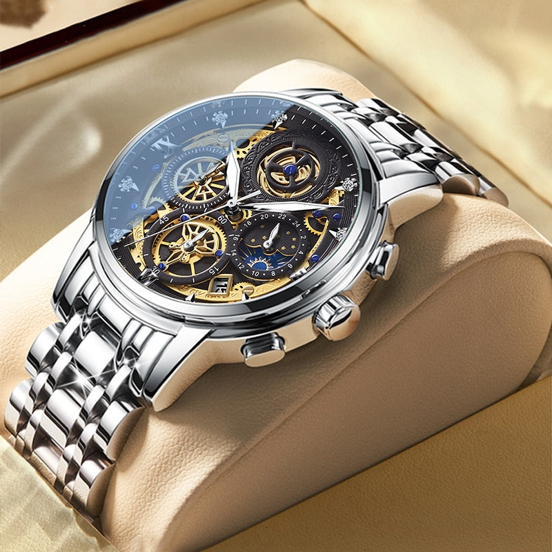 Fashion Mechanical Men's Watch Stainless Steel Top Brand Luxury Waterproof Sports Chronograph Quartz  Men's Relogio Masculino clock