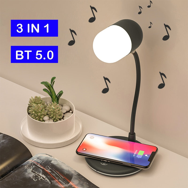 3 IN 1 Desk Lamp with Qi Wireless Charger 5W Bluetooth Speaker USB Dimmable for Bedroom Office Desk dormitory