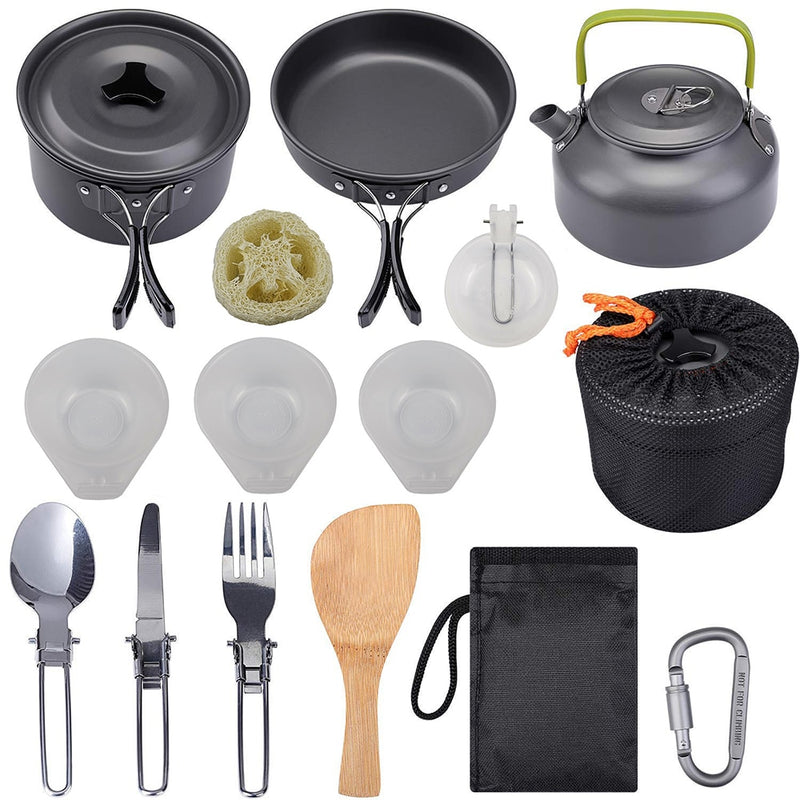 Camping Cookware Set Kit, Aluminum Outdoor Cooking pots and pans, backpacking Hiking adventure camp cook set