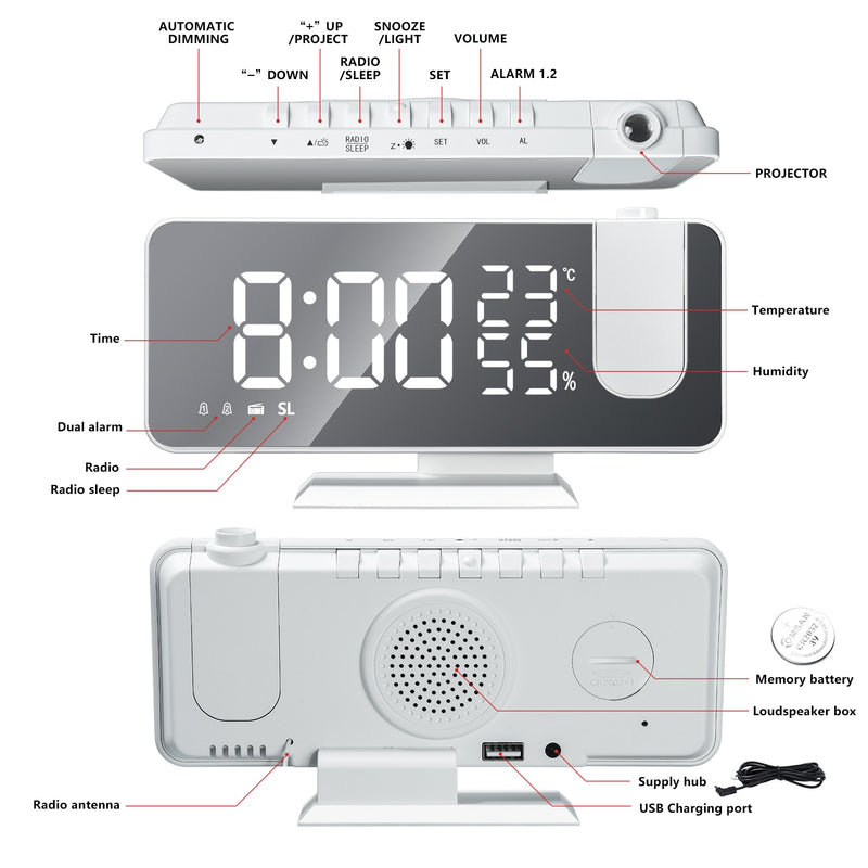 LED Digital Alarm Clock With Projection Display, Usb Charger Bedroom Clock, Large display radio clock