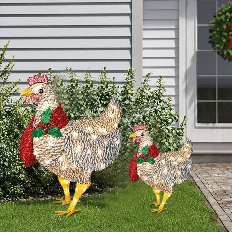 Christmas Outdoor Decorations Light-Up Chicken with Scarf Holiday LED Metal Christmas Ornaments with Light Xmas Yard