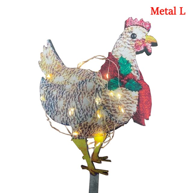 Christmas Outdoor Decorations Light-Up Chicken with Scarf Holiday LED Metal Christmas Ornaments with Light Xmas Yard