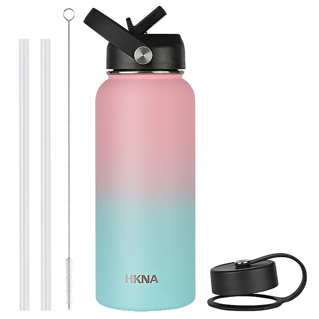 Water Bottle Ombre Gradient Color Straw Lid Insulated, Vacuum Hkna Flask Cold & Hot Drinks Thermos Cup 32, 40, 64oz