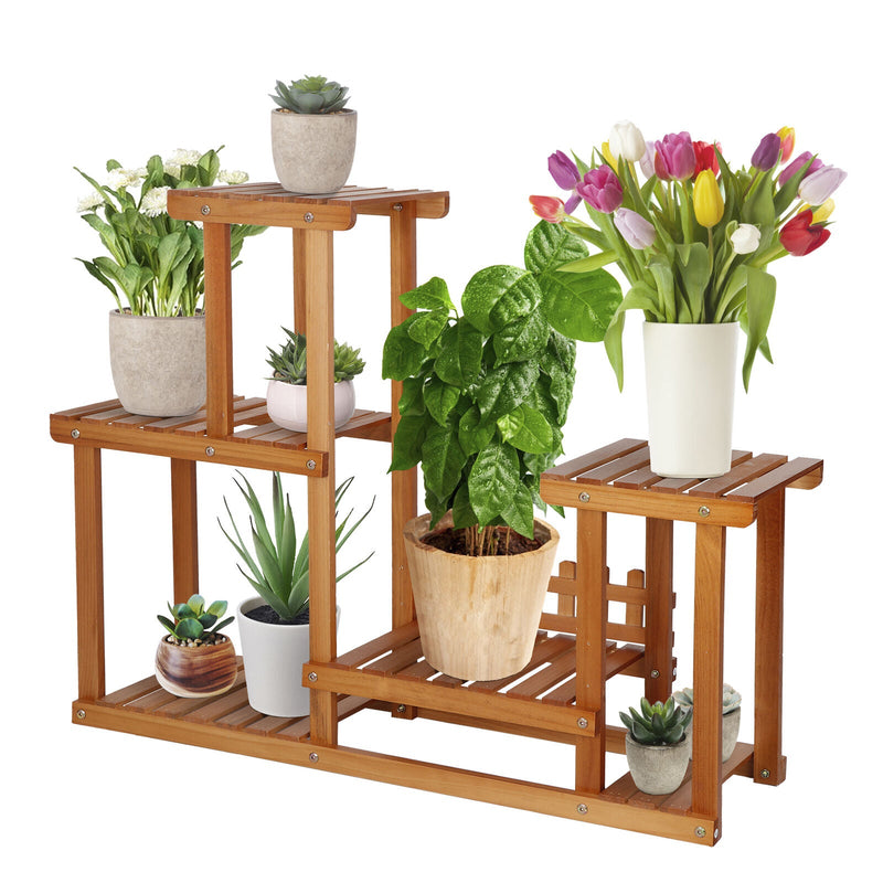 7 Shelves Pine Wood Plant Stand Modern Elegance Flowerpots Rack Movable Assembly