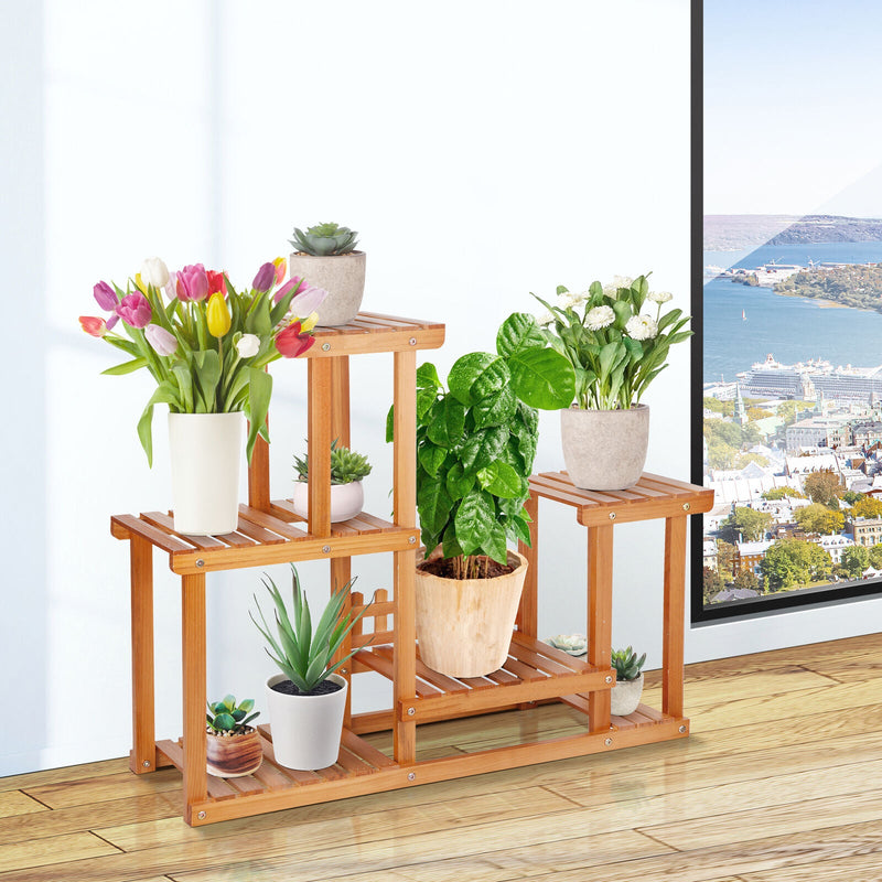 7 Shelves Pine Wood Plant Stand Modern Elegance Flowerpots Rack Movable Assembly