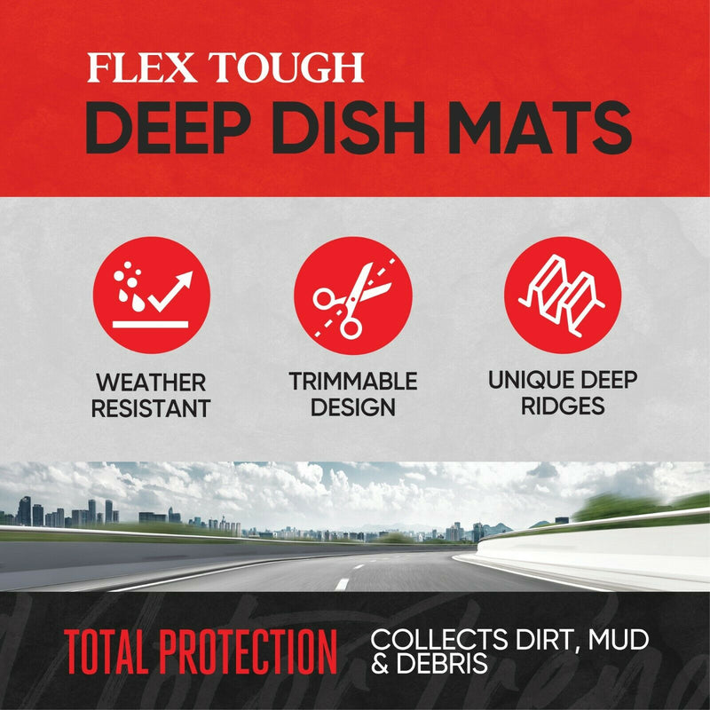 FlexTough Shell Rubber Floor Mats Black Heavy Duty Deep Channels for Car 3pc Set