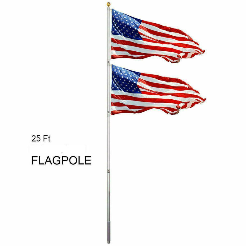 25FT Sectional Aluminum Flagpole With 2 US American Flag Pole Kit For Resedential & Commercial